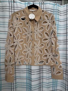 Pastels Tan Cutout Floral Button-Down Shirt